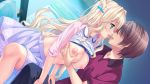  1boy 1girl blonde_hair blush breast_grab breasts brown_hair faceless faceless_male game_cg grabbing green_eyes hair_ornament hetero large_breasts long_hair natsu_no_iro_no_nostalgia nipples open_mouth saliva saliva_trail shinjouji_ayane shirt shirt_lift short_hair skirt tongue tongue_out yamakaze_ran 