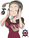  1girl ahoge alexa_(pokemon) big_breasts breast_grab breasts breasts_grab brown_hair chatot cleavage closed_eyes clueless creatures_(company) dark_green_eyes deep_skin deviantart disembodied_limb female from_behind game_freak grabbing grabbing_from_behind groping hair headphones headset hips humans_of_pokemon large_breasts listening_to_music music nintendo pansy_(pokemon) png pokemon pokemon_(anime) pokemon_(game) pokemon_xy porkyman refuto shiny smile solo_focus zerosilver100 