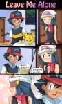  1boy 1girl art ash_ketchum bare_shoulders baseball_cap beanie black_dress black_hair blue_eyes blue_hair blush brown_eyes closed_eyes comic crying dawn door dress english faceless faceless_female hair hat headgear hikari_(pokemon) hikariangelove hikariangelove_(artist) indoors inside nintendo open_mouth pikachu pokemon pokemon_(anime) red_scarf room sad satoshi_(pokemon) scarf short short_hair sleeveless sleeveless_dress smile speech_bubble talking tears upper_body 