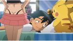 1boy 1girl ash_ketchum bed bedroom black_panties butt_crack dawn dawn_(pokemon) edit female flower highleg highleg_panties highleg_thong hikari_(pokemon) human indoors male pikachu pokecatt pokemon pokemon_(anime) satoshi_(pokemon) skirt thong