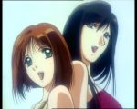  2girls :d anime back-to-back bare_shoulders black_eyes black_hair brown_hair devil_lady devilman_lady dress fudou_jun green_eyes hair happy jun_fudou kazumi_takiura long_hair multiple_girls mutual_yuri open_mouth short_hair smile takiura_kazumi upper_body yuri 