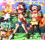 3_girls 3girls armpits arms_behind_head bandanna baseball_cap big_breasts bike_shorts black_legwear blue_eyes breasts breath brown_hair burnt_clothes castform_(normal_form) castform_(pokemon) character_name character_request creatures_(company) deerling denim denim_shorts double_bun emoticon english female fire game_freak gen_3_pokemon ghost gloves green_hair hairbun happy haruka_(pokemon) hat heart highres hot humans_of_pokemon junsaa_(pokemon) long_hair may_(pokemon) mei_(pokemon) multiple_girls musical_note necktie nintendo nipples normal_type_pokemon officer_jenny ok_sign one_eye_closed open_mouth pantyhose poke_ball pokemon pokemon_(anime) pokemon_(creature) pokemon_(game) pokemon_(species) pokemon_black_2_&_white_2 pokemon_black_and_white pokemon_bw pokemon_bw2 pokemon_diamond_pearl_&_platinum pokemon_dppt police police_uniform policewoman ponytail powalen_(pokemon) rorretsim rosa_(pokemon) shadow shirt shirt_removed shoes short_hair shorts sign smile sneakers spoken_heart spoken_musical_note staff star sweat teeth tepig text topless touko_(pokemon) twintails undressing uniform unownglyphics v vest victini visor_cap volcarona wink wristband