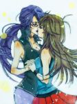 2girls arm artist_request babe bare_arms big_breasts blue_(pokemon) blue_hair breast_press breasts brown_hair cleavage closed_eyes elite_four female french_kiss glasses hair hand_holding interlocked_fingers kanna_(pokemon) kiss kissing large_breasts long_hair lorelei love multiple_girls mutual_yuri nintendo pokemon pokemon_(game) pokemon_frlg pokemon_rgby pokemon_special ponytail prima red-framed_glasses red_skirt semi-rimless_glasses shirt skirt sleeveless sleeveless_shirt wristband yuri