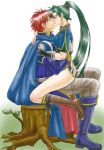  1boy 1girl aozora_kyuuji art blush boots cape closed_eyes couple earrings eliwood eliwood_(fire_emblem) fingerless_gloves fire_emblem fire_emblem:_rekka_no_ken fire_emblem_7 fire_emblem_blazing_sword gloves green_eyes green_hair hair hetero high_ponytail hug incipient_kiss jewelry kiss legs long_hair love lyn lyndis lyndis_(fire_emblem) nintendo pelvic_curtain ponytail red_hair short_hair side_slit straddling thighs tiara upright_straddle very_long_hair 