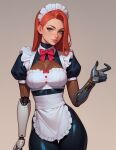  ai_generated android apron boob_window bowtie bowtie_collar cyborg_(designation) green_eyes long_hair maid maid_uniform mechanical mechanical_arm mechanophilia prosthesis prosthetic_arm red_hair redhead robot_joints 