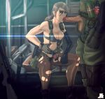 1boy 1girl big_boss bikini blue_eyes breasts brown_hair cleavage explosive facepaint fellatio front-tie_bikini front-tie_top grenade gun hetero highres holster jesus_avalos long_hair metal_gear_(series) metal_gear_solid metal_gear_solid_v mismatched_gloves open_fly oral pantyhose penis planted_weapon ponytail pumpkinsinclair quiet quiet_(metal_gear) rifle single_elbow_glove sitting sniper_rifle soldier suspenders swimsuit thigh_holster torn_clothes torn_pantyhose uncensored unzipped weapon