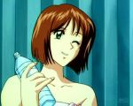  1girl anime bare_shoulders bottle brown_hair collarbone devil_lady devilman_lady green_eyes grin hair holding kazumi_takiura naked_towel neck one_eye_closed parted_lips short_hair smile takiura_kazumi towel upper_body wink 