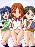 3_girls 3girls ball black_eyes black_hair blue_hair blush bottomless brown_eyes brown_hair curvy cute female footwear glasses inazuma_eleven inazuma_eleven_(series) isu kino_aki long_hair looking_at_viewer lowres multiple_girls no_panties oekaki otonashi_haruna raimon_natsumi red_hair short_hair smile soccer_ball socks telstar