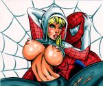  1boy 1girl big_breasts blonde_hair breasts ghost_spider gwen_stacy huge_breasts looking_at_viewer male marvel_comics navel nipples orvilleart_(artist) shirt_lift spider-gwen spider-man spider-man_(series) topless_female torn_legwear 