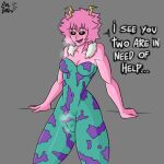  1futa 1girl 2021 big_breasts blush breasts bulge clothed clothing dialogue evilgirl fully_clothed futa_only futanari grey_background horns humanoid humanoid_penis mina_ashido my_hero_academia open_mouth penis pink_hair pink_skin short_hair standing steam sweat sweating sweaty talking text yellow_eyes 