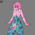  1futa 1girl areola balls big_balls big_breasts big_penis breasts clothed clothing evilgirl futa_only futanari grey_background grin happy humanoid humanoid_penis mina_ashido my_hero_academia nipples partially_clothed penis penis_out pink_hair pink_nipples pink_penis pink_skin smile standing steam sweat sweating sweaty topless 