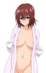 1girl belly big_breasts breasts brown_hair hair looking_at_viewer midriff mikado_ryouko navel nipples short_hair to_love-ru white_background yabuki_kentarou