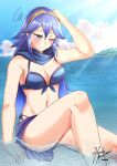  1girl alluring arm_up artist_name beach big_breasts bikini blue_bikini blue_eyes blue_hair blue_skirt blush breasts cleavage cloud confused confusion day female_only fire_emblem fire_emblem:_awakening fire_emblem:_kakusei high_res island legs long_hair lucina lucina_(fire_emblem) medium_breasts nintendo ocean one_eye_closed sand sitting skirt sky solo_female sunlight sunshine swimsuit tiara tie water watermark 