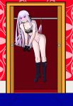 1girl absurd_res bangs black_boots black_bra blunt_bangs blush bondage boots bound_wrists bra braid cleave_gag closet cloth_gag danganronpa danganronpa_1 full_body gagged gloves hair_ribbon half_updo handkerchief hanging_wedgie hime_cut kirigiri_kyouko knee_boots kneehighs lavender_hair long_hair panties pink_panties purple_eyes purple_gloves ribbon rope side_braid sidelocks single_braid striped_panties suspension thighs underwear very_long_hair wedgie white_legwear white_panties