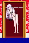 1girl absurd_res angry bangs black_bra black_panties blunt_bangs blush bondage bound_wrists bow_panties bra braid breasts cleavage closet danganronpa danganronpa_1 full_body gloves hair_ribbon half_updo handkerchief hanging_wedgie hime_cut kirigiri_kyouko lavender_hair long_hair panties purple_gloves ribbon rope side_braid sidelocks single_braid suspension thighs underwear very_long_hair wedgie