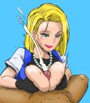 1girl android_18 blonde_hair breasts cum dark-skinned_male dark_skin dragon_ball dragon_ball_z funsexydragonball interracial nipples paizuri penis semen short_hair smile