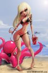 beach bikini blonde_hair souracid_(artist) tan_line tattoo tentacle wardrobe_malfunction