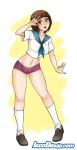 1_girl 1girl :d arm arms art bare_arms bare_legs bob_cut brown_eyes brown_hair full_body jago_(artist) jagodibuja kill_la_kill legs looking_at_viewer mako_mankanshoku mankanshoku_mako midriff mound_of_venus navel open_mouth panties purple_panties school_uniform serafuku shoes short_hair smile socks standing