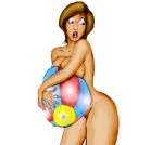  1girl beach_ball big_ass biker_(artist) brown_hair edit embarrassed embarrassed_nude_female looking_back nervous oddmachine short_hair standing 