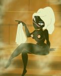 black_skin blue_eyes blush breasts crossed_legs duck_dodgers grimphantom grimphantom_(artist) looking_at_viewer nipples nude queen_tyr'ahnee sauna towel warner_brothers