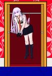 1girl absurd_res bangs black_boots black_bra blunt_bangs bondage boots bound_wrists bra braid breasts cleavage closet danganronpa danganronpa_1 expressionless full_body gloves hair_ribbon half_updo handkerchief hanging_wedgie hime_cut kirigiri_kyouko knee_boots kneehighs lavender_hair long_hair miniskirt neck_tie panties pink_panties pleated_skirt purple_eyes purple_gloves purple_skirt red_necktie ribbon rope side_braid sidelocks single_braid skirt striped_panties suspension underwear very_long_hair wedgie white_legwear white_panties