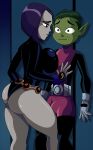 1boy 1girl ass beast_boy belt big_ass big_breasts black_leotard blush blushing bob_cut breasts_on_chest bulge cartoon_network clothed clothing dat_ass dc_comics demon_girl erection erection_under_clothes forehead_jewel garfield_logan green_eyes green_hair green_skin grey_skin large_breasts leotard looking_at_partner male male/female metahuman nervous penis_bulge pointy_ears purple_eyes purple_hair rachel_roth raven_(dc) sharp_teeth short_hair smile sonson-sensei spiked_hair straight superhero superheroine sweat teasing teen_titans thick_thighs thong_leotard