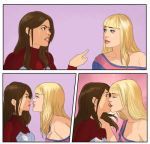 2girls angry art bare_shoulders blonde_hair bodysuit breasts brown_hair closed_eyes eye_contact gwen_stacy hair half-closed_eyes incipient_kiss jessica_drew kissing lips long_hair looking_at_another love marvel multiple_girls off_shoulder parted_lips pointing smile spider-man_(series) spider-woman striped striped_sweater sweater upper_body yuri