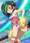  1girl ass audience brown_eyes cheerleader clothed crowd green_hair looking_at_viewer looking_back makino_tomoyasu mizuki_kotori_(yuu-gi-ou_zexal) non-nude tattoo tongue yu-gi-oh! yuu-gi-ou 