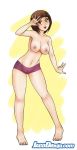 1_girl 1girl :d arm armpits arms art babe bare_arms bare_legs bare_shoulders barefoot big_breasts bob_cut breasts brown_eyes brown_hair cleavage collarbone feet full_body jago_(artist) jagodibuja kill_la_kill large_breasts legs looking_at_viewer mako_mankanshoku mankanshoku_mako mound_of_venus navel neck nipples open_mouth panties purple_panties short_hair smile standing topless