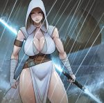 1girl athletic_female bare_legs belt big_breasts blue_eyes breasts brown_hair cleavage death_star devil_hs double_bladed_lightsaber female female_only highres hood hood_up huge_breasts lightsaber looking_at_viewer muscular_female no_pants outdoor outside rain raining rey rey_(star_wars) standing star_wars the_rise_of_skywalker thick_thighs water weapon