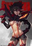 black_hair blue_eyes breasts gradient gradient_background karl_liversidge kill_la_kill looking_at_viewer matoi_ryuuko multicolored_hair navel revealing_clothes scissor_blade senketsu short_hair solo souracid souracid_(artist) standing suspenders two-tone_hair underboob