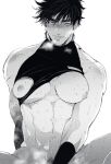 1boy battle_tendency big_nipples blush cum exposed_nipples gay jojo's_bizarre_adventure joseph_joestar joseph_joestar_(young) male male_nipples male_only muscular_female pecs pubic_hair simple_background white_background yaoi