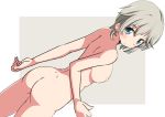  1girl anastasia_(idolmaster) ass back blue_eyes blush breasts earrings grey_background idolmaster idolmaster_cinderella_girls jewelry looking_back naruse_mai nipples short_hair sideboob silver_hair simple_background solo white_border 