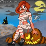  1:1 1girl absurd_res anthro beauty_mark cel_shading clothing disney female_only food footwear fruit full_moon goof_troop halloween halloween_costume high_res holidays jack-o&#039;-lantern lemon_andy looking_at_viewer moon mummy_costume mummy_wrappings nipple_slip plant pumpkin roxanne roxanne_(goof_troop) shaded shoes simple_background simple_shading sitting solo_focus the_lewd_lemon 