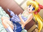 1girl :o art bed bekkankou blonde_hair blue_eyes blush bra covering dutch_angle embarrassed game_cg high_res kneeling leticia_apple lingerie long_hair looking_at_viewer open_mouth panties ponytail princess_holiday shy solo underwear undressing