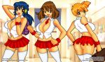 3_girls ass big_breasts blue_hair breasts brown_hair dawn haruka_(pokemon) highres hikari_(pokemon) kasumi_(pokemon) long_hair looking_at_viewer may miniskirt misty multiple_girls orange_hair pantyshot pokemon school_uniform short_hair skirt skyraptor smile