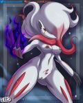 anthro breasts claws digital_media_(artwork) fangs fur furry hisuian_zoroark jackintaro looking_at_viewer nintendo nipples pokemon pussy red_fur snow white_fur yellow_eyes zoroark