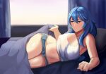  1girl 2020s 2021 alluring bare_midriff bare_thighs bed_sheet bedroom blue_eyes blue_hair breasts dolphin_shorts ecstasy exposed_belly fire_emblem fire_emblem:_awakening front_view hot in_bed indoors insanely_hot laying_down laying_on_side light-skinned_female light_skin linkxs long_hair looking_away lucina lucina_(fire_emblem) manga medium_breasts nintendo on_bed pajamas sexy shiny_hair shiny_skin shorts side_slit smile sunlight tank_top thick_thighs thighs tomboy two_tone_bottomwear voluptuous white_topwear 