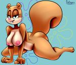 1girl 1girl absurd_res anthro ass bedroom_eyes big_ass big_breasts biped breasts brown_body brown_fur buckteeth convenient_censorship fur hair high_res kneel looking_at_viewer mammal narrowed_eyes nickelodeon nipples nude protagon rodent sandy_cheeks sciurid seductive simple_background smile spongebob_squarepants teeth thick_thighs wide_hips