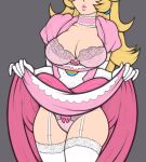 1girl blonde_hair cleavage dress_lift lingerie panties princess_peach stockings super_mario_bros. tagme white_panties