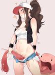  1girl bare_shoulders baseball_cap beastiality blush breasts brown_hair clitoris covered_nipples drooling hat hilda_(pokemon) lickitung long_hair long_tongue micro_shorts mocomori navel open_fly oral orgasm panties pokemon pokemon_(creature) pokemon_bw pokephilia ponytail pussy pussy_juice pussylicking saliva shorts standing stomach sweat tongue tongue_grab uncensored underwear very_long_tongue white_panties wristband 