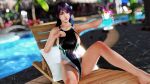  1girl alluring bare_legs bikini black_and_blue_hair dead_or_alive dead_or_alive_xtreme dead_or_alive_xtreme_2 dead_or_alive_xtreme_3_fortune dead_or_alive_xtreme_beach_volleyball dead_or_alive_xtreme_venus_vacation holding_drink maasim on_recliner pin_up shandy_(doa) swimming_pool tecmo 