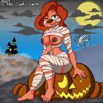  1:1 1girl absurd_res anthro barefoot breasts cel_shading disney exposed_breasts feet female_only flashing food fruit full_moon goof_troop halloween halloween_costume high_res holidays jack-o&#039;-lantern lemon_andy looking_at_viewer moon mummy_costume mummy_wrappings nipples one_eye_closed plant playful pulling_clothing pulling_shirt_down pumpkin roxanne roxanne_(goof_troop) shaded simple_background simple_shading sitting solo_focus the_lewd_lemon tongue tongue_out wink 