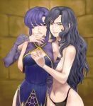  2girls art artist_request black_hair blue_hair breasts fire_emblem fire_emblem:_rekka_no_ken fire_emblem_7 fire_emblem_blazing_sword hair long_hair multiple_girls nintendo short_hair sonia_(fire_emblem) ursula_(fire_emblem) yuri 