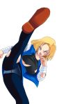 android_18 anime aqua_eyes badass blonde blonde_hair breasts dragon_ball dragon_ball_z earrings highres jewelry kick kicking panties panties_under_pantyhose pantyhose pantyshot simple_background skirt stockings suggestive torn_clothes torn_pantyhose transparent_background upskirt