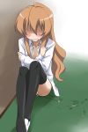 1girl after_sex aftersex aisaka_taiga angry blush bottomless brown_hair cold crossed_arms crying cum cum_in_pussy cum_inside long_hair no_panties nude rape shirt single_shoe sitting solo taiga_aisaka tears thighhighs toradora! youkan