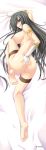 1girl armlet ass barefoot bed black_hair blue_eyes breasts dakimakura elbow_gloves eushully feet fingerless_gloves gloves hair_over_one_eye hatozuki_tsumiki ikusa_megami_(series) ikusa_megami_zero isuka_megami_zero large_breasts long_hair luna_clia sideboob solo thigh_band thigh_strap