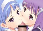  2girls :&gt;= bangs blue_hair blunt_bangs censored cross cum cum_in_mouth disembodied_penis fellatio hair_ornament hairband kannagi ko-yan long_hair multiple_fellatio multiple_girls nagi nun oral penis pink_eyes pointless_censoring pov purple_eyes purple_hair teamwork zange 