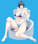 1girl areolae bad_id barefoot bikini black_hair breasts cum curvy feet female green_eyes highres huge_breasts legs noriheita original short_hair sitting solo swimsuit undressing