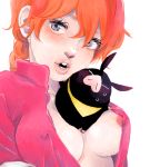  1girl bad_id between_breasts blue_eyes braid breasts genderswap lips mwr nipple_slip nipples open_clothes open_mouth open_shirt orange_hair p-chan pig ranko ranma_1/2 ranma_saotome ryoga_hibiki shirt 